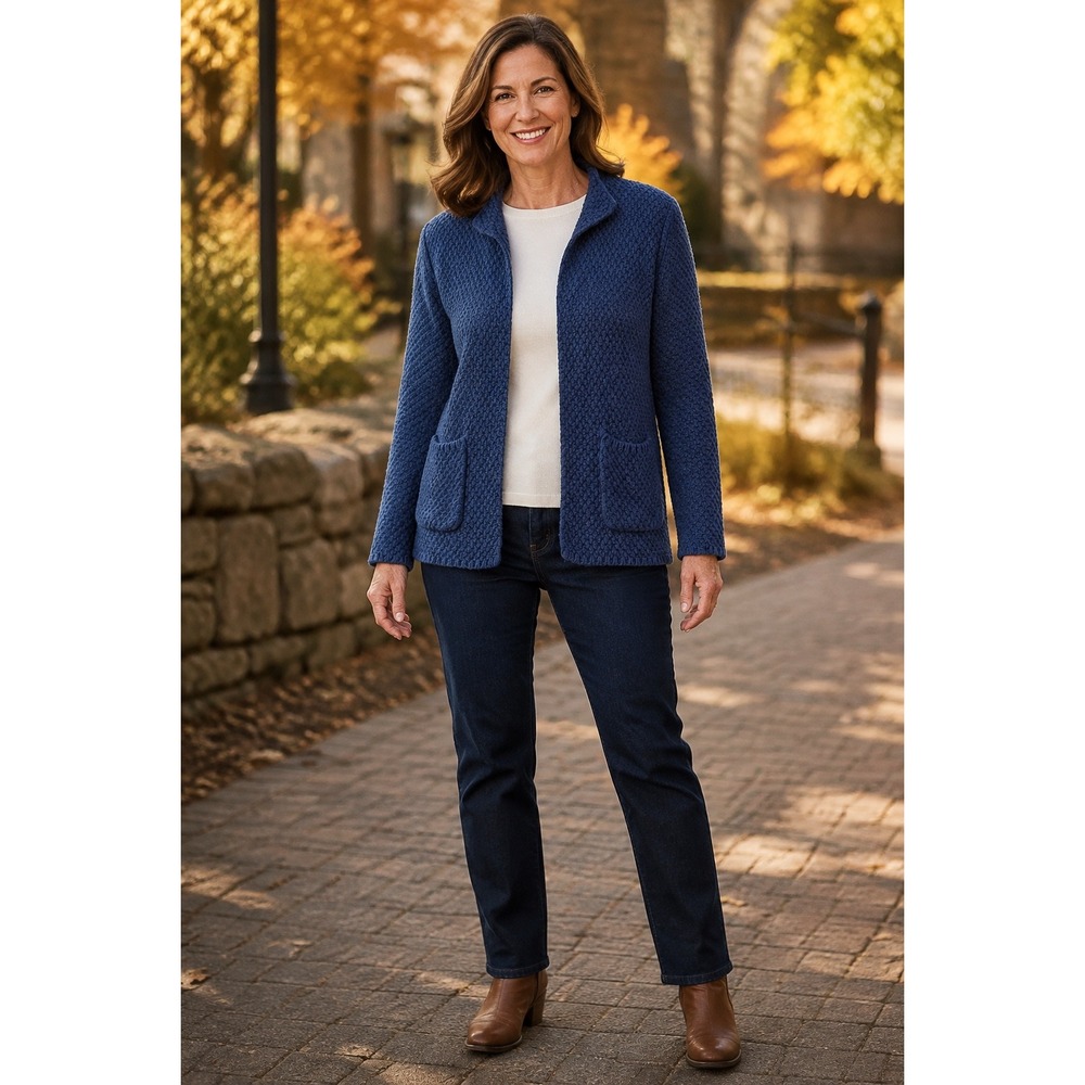 Orvis Womens Blue Textured Basketweave Open Front Cardigan Wing Collar Small
